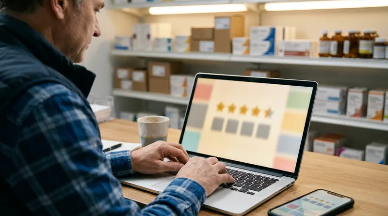 Pharmacy owner at the counter reading star ratings on a laptop while preparing careful public replies to customer reviews