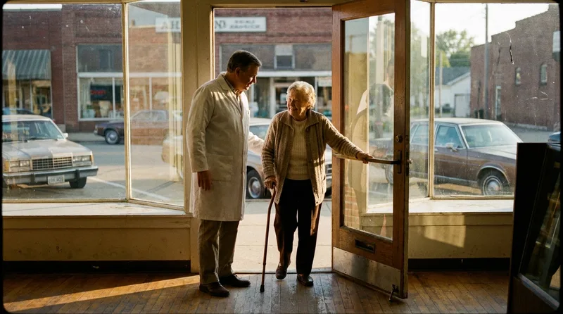Pharmacist holding the door open for an older patient at a small-town Illinois pharmacy on a sunny afternoon