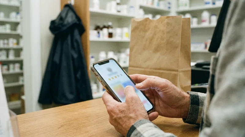 Pharmacy owner's hands holding a phone with a list of customer reviews at the counter
