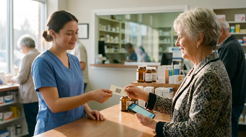 Pharmacy technician giving a customer a card with a QR code to leave a Google review at the counter