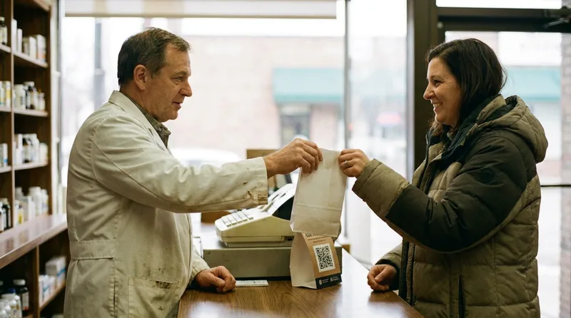 Pharmacist handing a prescription bag to a smiling patient beside a counter card with a QR code