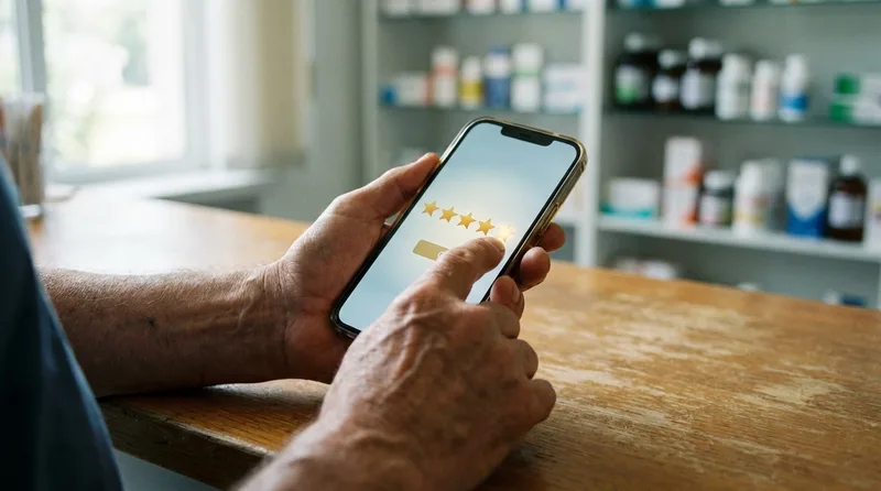 Patient's hands tapping a five-star review on a smartphone at a pharmacy counter after pickup