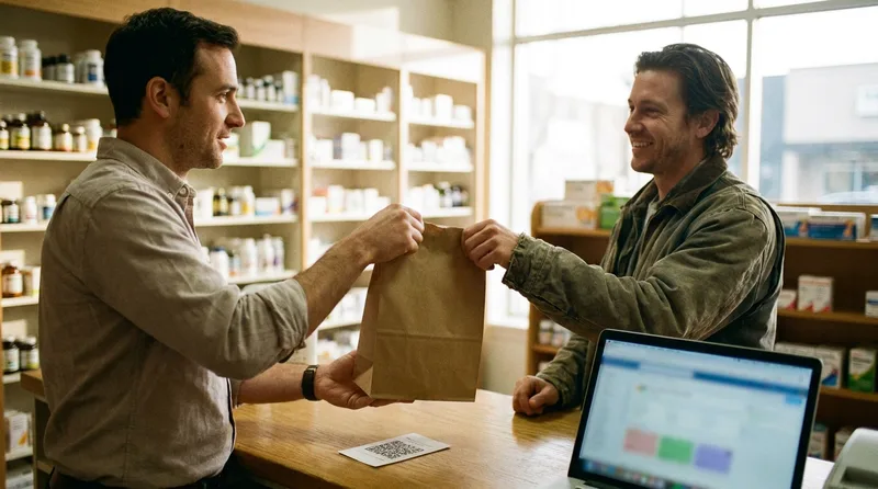 Pharmacist handing a paper bag to a smiling customer at a pharmacy counter beside a small review card