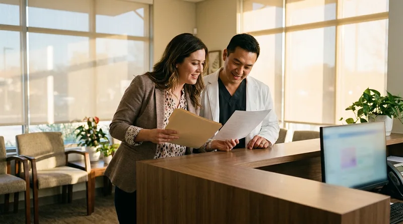 Pharmacist liaison presenting a specialty pharmacy marketing capabilities sheet to a physician in a medical office