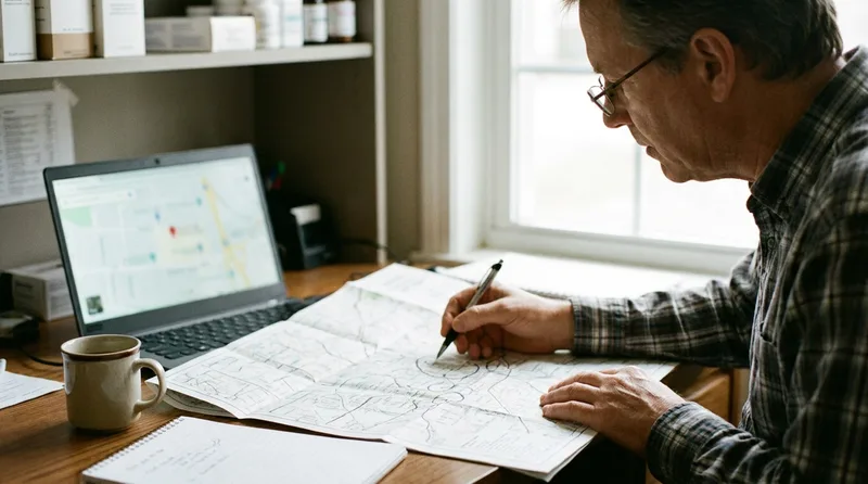 Pharmacy owner studying a printed map with nearby towns circled beside a laptop showing map pins