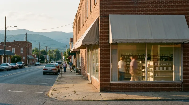 Independent community pharmacy on a small-town Virginia main street with Blue Ridge Mountains rising in the distance