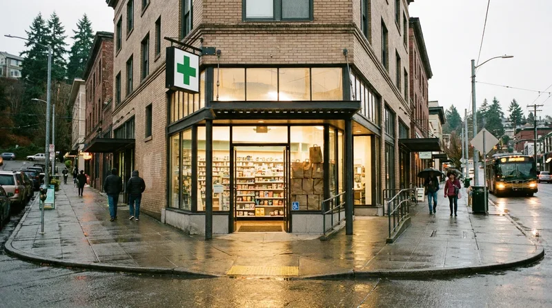 Independent corner pharmacy on a busy rainy Seattle neighborhood street with hills and evergreens beyond