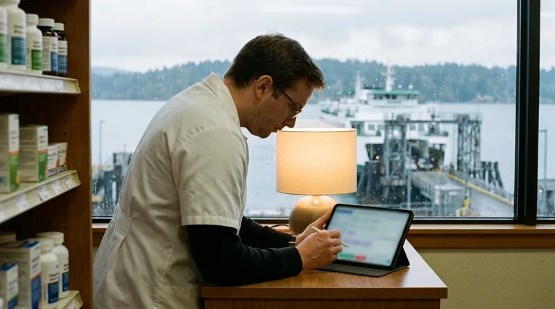 Pharmacy staff member updating website hours on a tablet with a Puget Sound ferry visible through the window