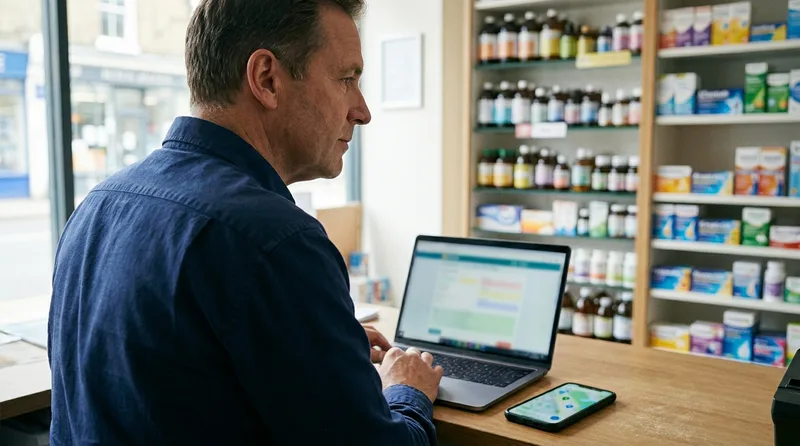 Independent pharmacist updating a business listing on a laptop at the pharmacy counter