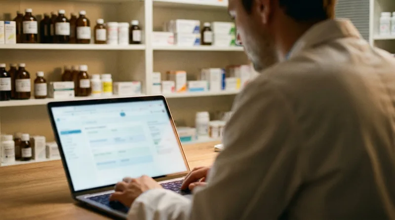 Pharmacy staff member updating an online business listing with named testing services