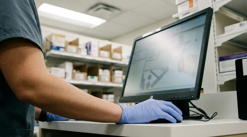 Pharmacy technician at a counter workstation reviewing an online request on a privacy-filtered screen angled away from customers
