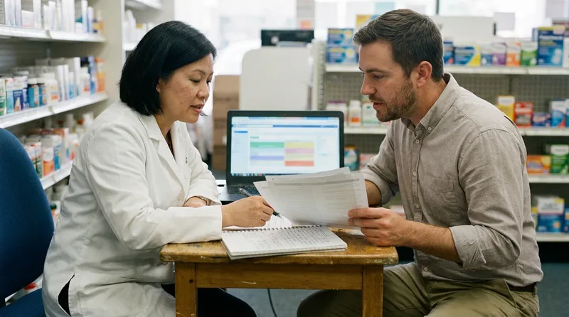 Pharmacist owner and store manager comparing agency proposals at a table in a pharmacy consultation area