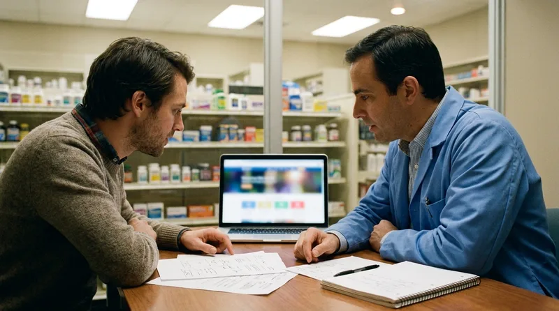Pharmacist owner and web designer reviewing a website mockup together in a pharmacy consultation area