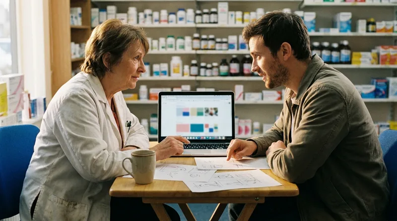Pharmacy owner and web designer reviewing a website page layout together at a consultation table