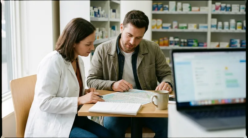 Pharmacy owner and marketing consultant reviewing a printed service-area plan together at a consultation table