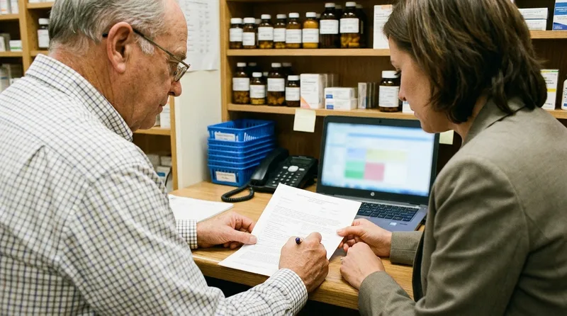 Pharmacy owner and marketing partner reviewing a monthly performance report beside a laptop in the pharmacy back office