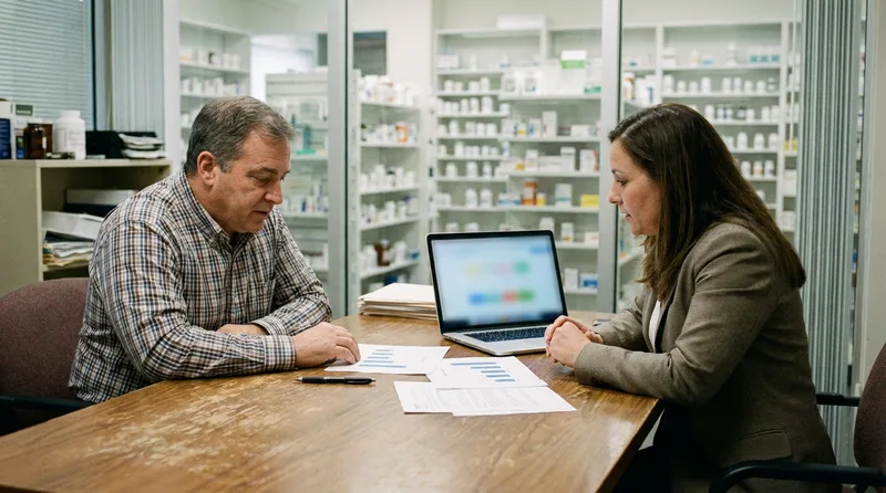 Pharmacy owner and marketing consultant reviewing a printed monthly performance report at a conference table