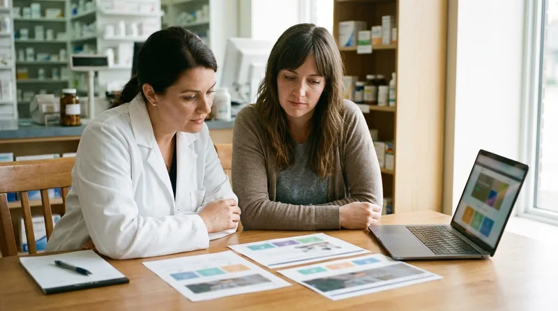 Pharmacy owner and web designer reviewing refill and transfer page layouts on a laptop at a consultation table