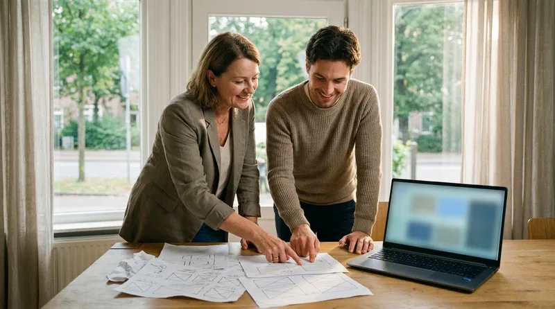 Pharmacy owner and web developer reviewing printed website layouts at a consultation table