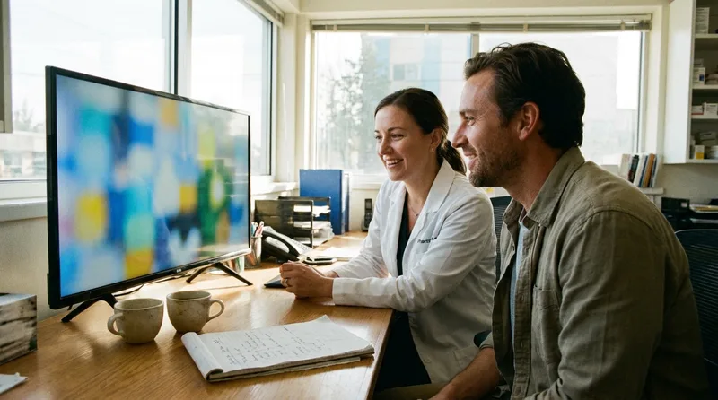 Pharmacist-owner and web designer reviewing a pharmacy website mockup together on a large monitor in a back office