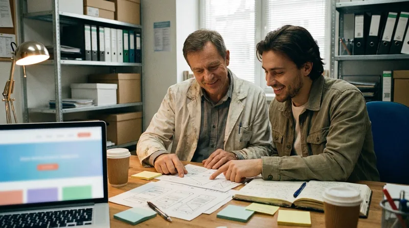 Pharmacist-owner and web designer reviewing website page sketches and a layout on a laptop in a pharmacy back office