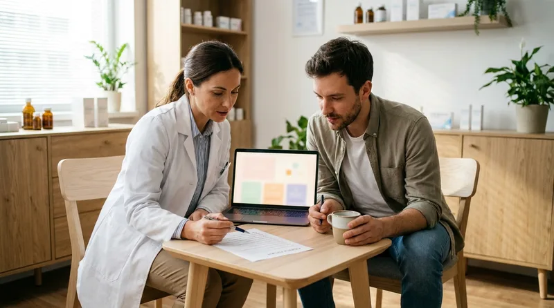 Independent pharmacist and web designer reviewing website layouts together at a consultation table