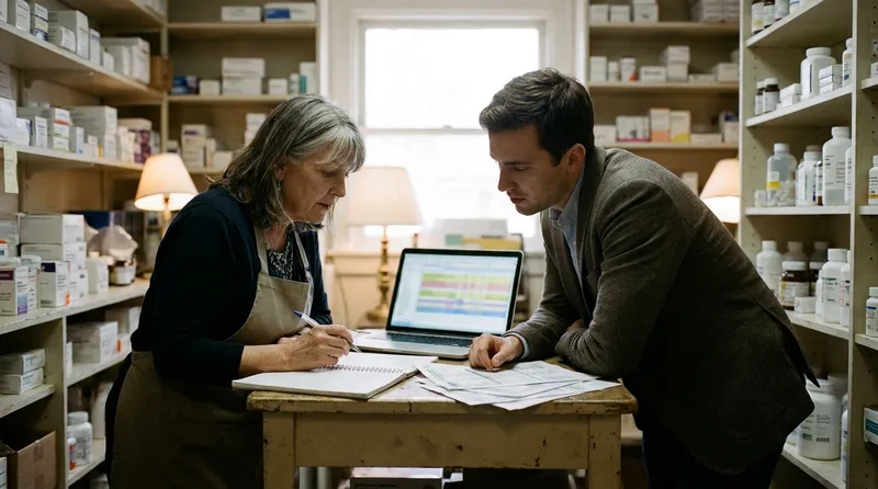 Pharmacy owner and marketing consultant reviewing a monthly performance report together in a pharmacy back office