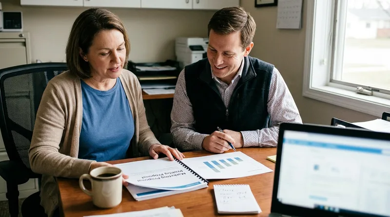 Two pharmacy team members reviewing printed marketing proposals and a monthly results summary together in a quiet back office