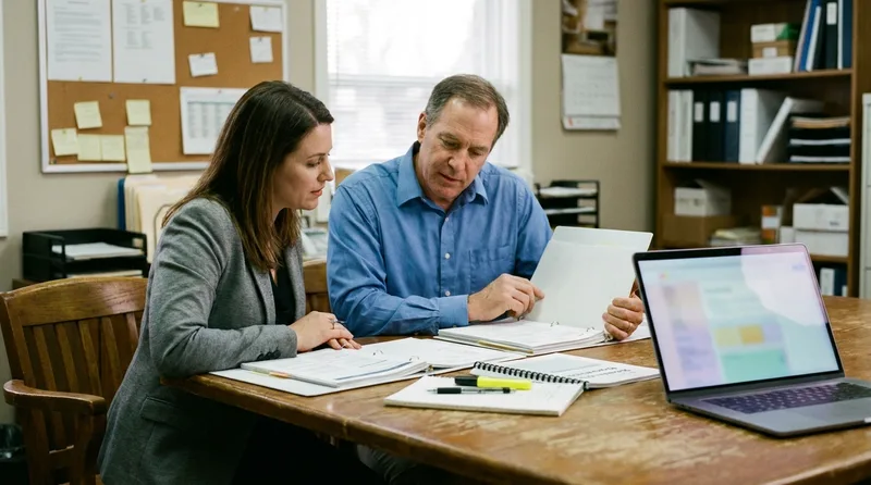 Pharmacist-owner and marketing advisor comparing agency proposals and a monthly performance report at a conference table