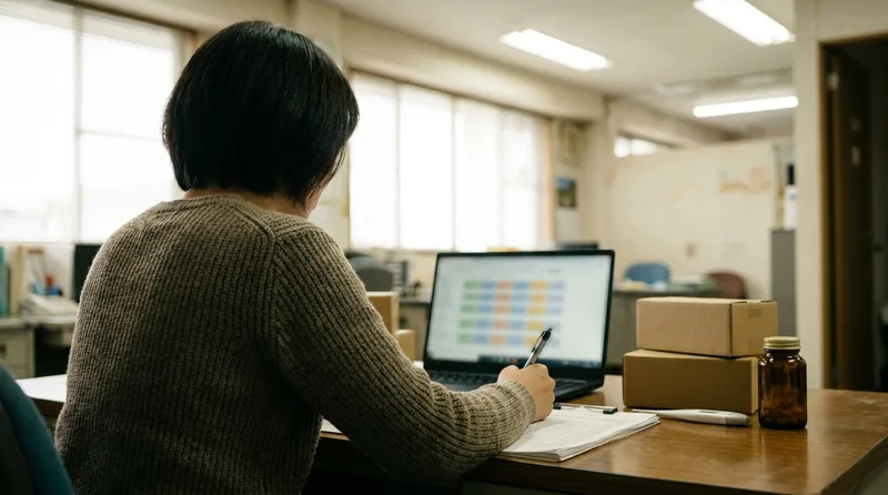 Pharmacy owner comparing product costs with online prices on a laptop beside boxed home health devices