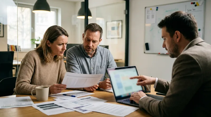 Pharmacy owner and manager reviewing a sample marketing report with an agency representative across a meeting table