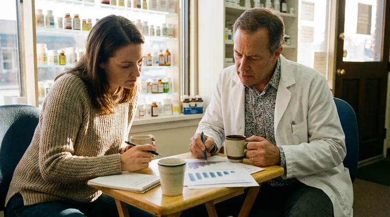 Independent pharmacist and marketing consultant reviewing a printed monthly report together at a consultation table