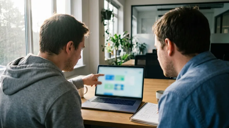 Pharmacy owner reviewing a new website design mockup with a developer on a laptop screen