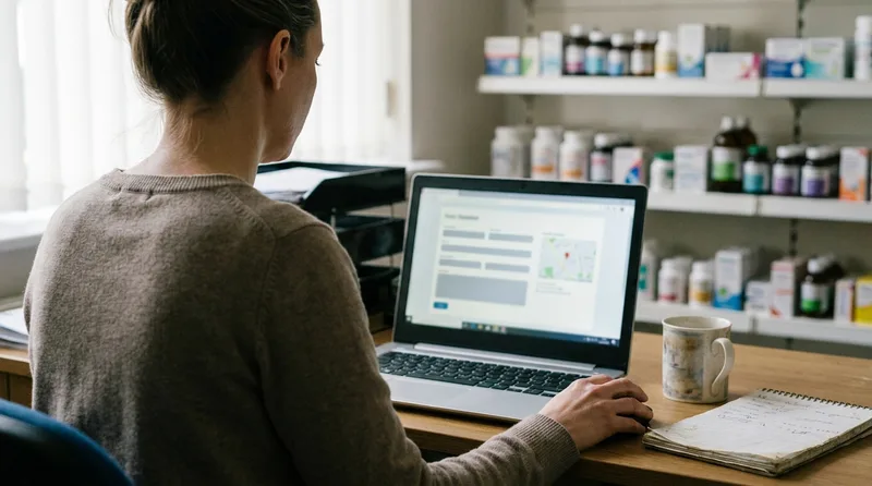 Pharmacy owner filling in a business listing form on a laptop with a small map thumbnail