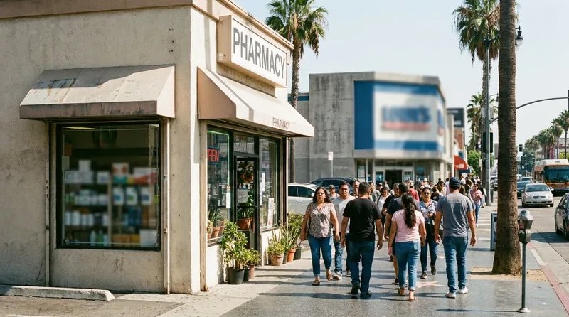 Independent pharmacy storefront on a California city block with a larger chain drugstore down the street