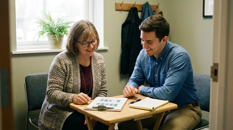 Pharmacy owner and marketing consultant reviewing a printed proposal across a consultation table