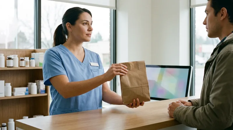 Pharmacy team member handing a packed local pickup order bag across the counter to a patient