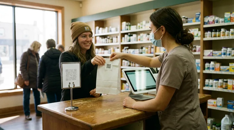 Pharmacy technician handing a patient a prescription bag with a QR code sticker at the pickup counter