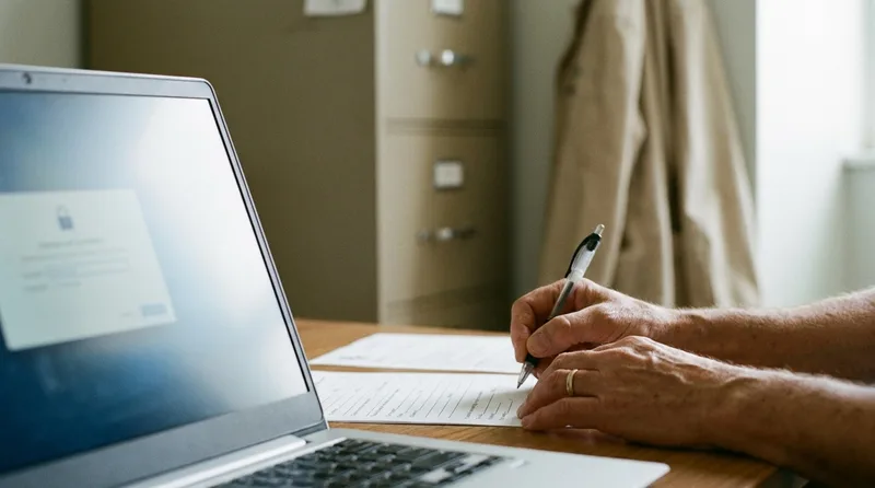 Pharmacy manager signing a vendor agreement beside a laptop showing a secure login screen