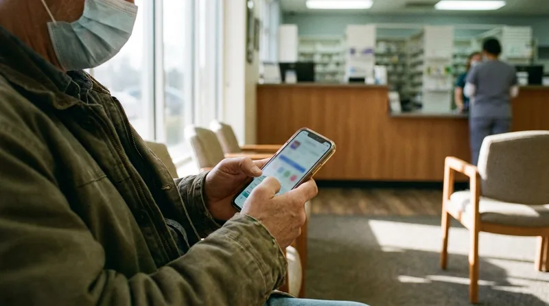 Patient completing a refill request on a smartphone in a pharmacy waiting area