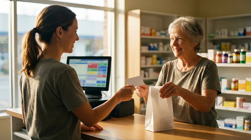 Pharmacy technician handing a patient a loyalty rewards card during prescription pickup