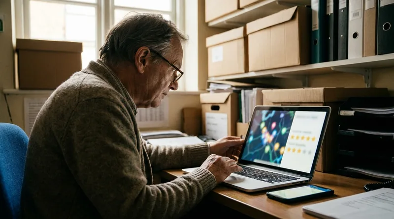 Pharmacy owner reviewing a local map listing and star ratings on a laptop to promote a new pharmacy service