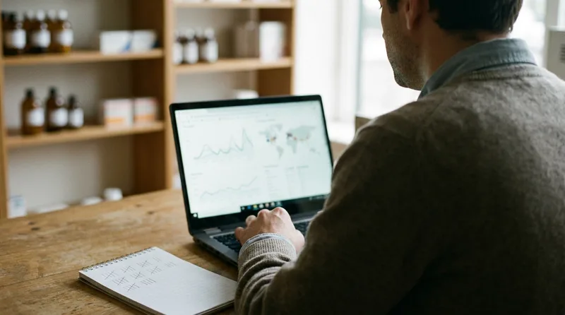 Pharmacy owner reviewing call and direction-request charts on a laptop at the back counter of an independent pharmacy