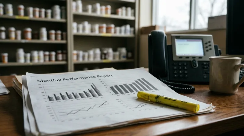 Printed monthly local SEO report with charts and a highlighter on a pharmacy back-office desk