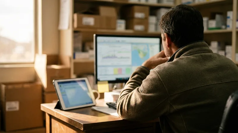 Pharmacy owner reviewing a monthly local search performance report on a monitor in the back office