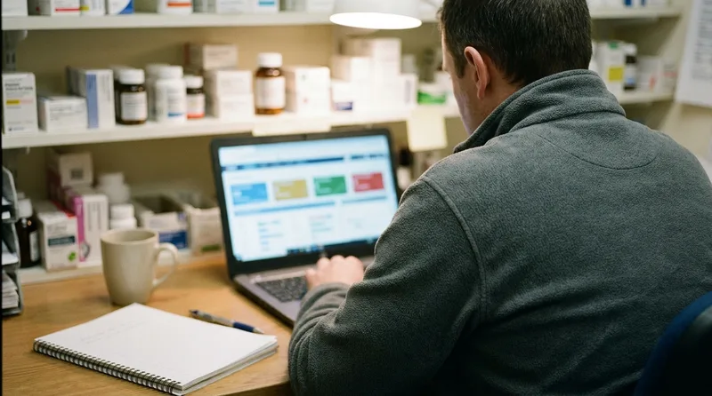 Pharmacy owner reviewing quarterly vaccine campaign performance data on a laptop