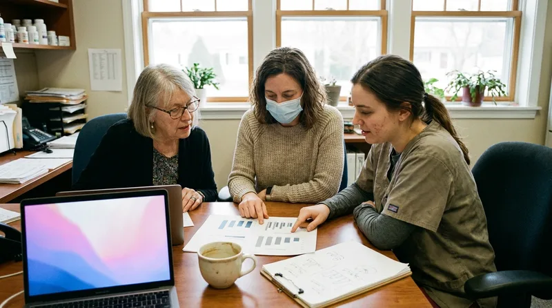 Pharmacist-owner and technician reviewing a printed monthly report of calls and directions at a back-office desk