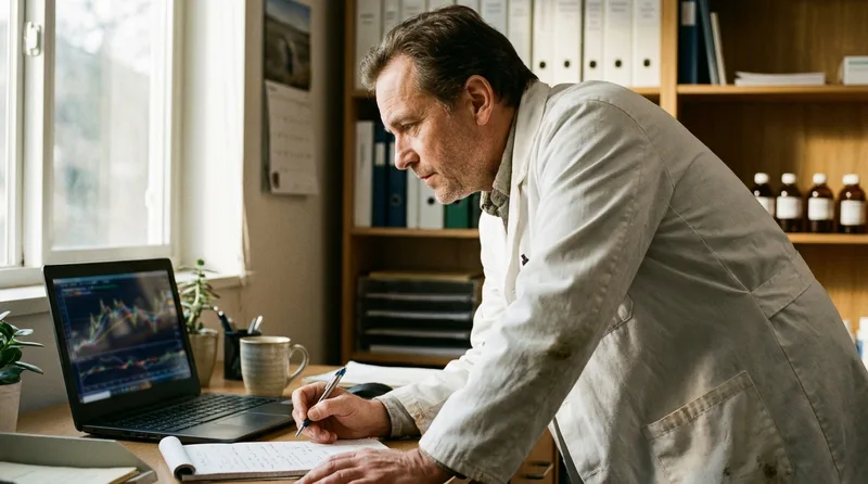 Pharmacy owner reviewing monthly performance charts on a laptop in the back office