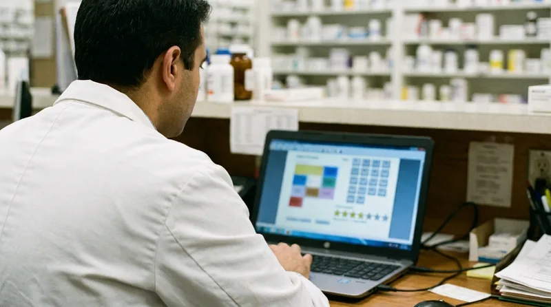 Pharmacy owner editing a Google Business Profile listing with photos and star ratings on a laptop at the counter