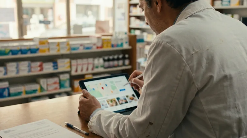 Independent pharmacy owner updating a Google Business Profile listing on a tablet at the pharmacy counter